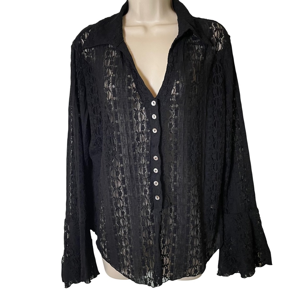 New York & Company Lace Button Up Blouse Bell Sleeve XL Black Whimsigoth Witchy